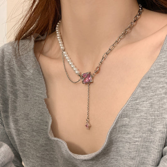 Pearl & Pink Gem Drop Necklace